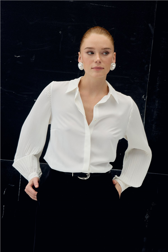 Sateen Y26 2114-2179 Plise Kollu Gömlek Ekru Kadın
