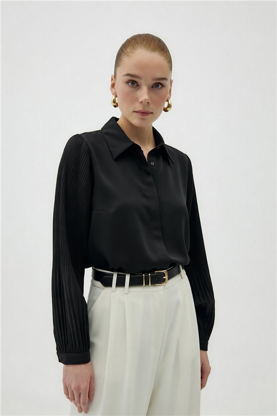 Sateen Y26 2114-2179 Plise Kollu Gömlek Siyah Kadın