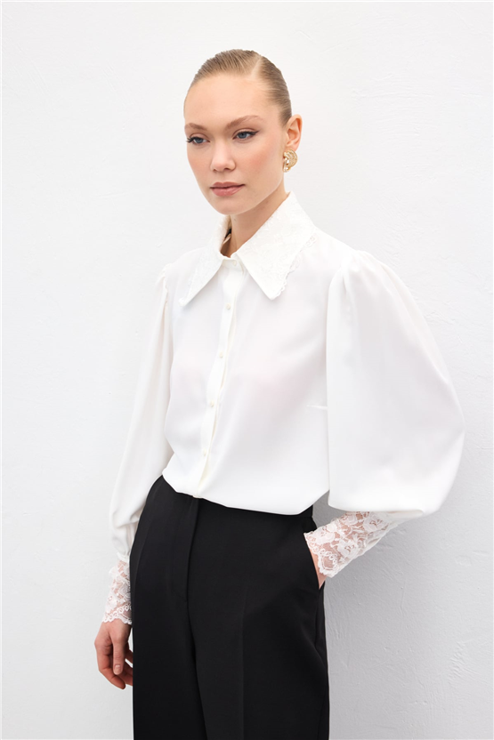 Sateen Y26 2117-2182 Dantel Mansetlı Gömlek Ekru Kadın