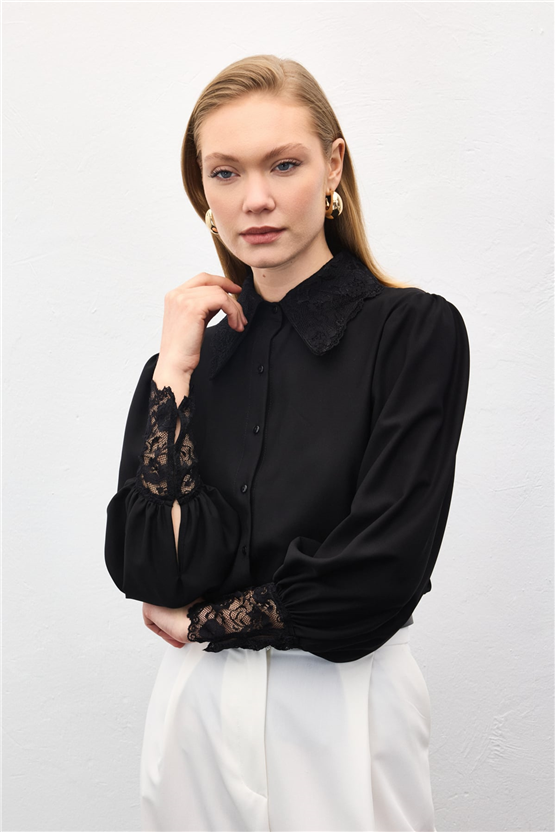 Sateen Y26 2117-2182 Dantel Mansetlı Gömlek Siyah Kadın