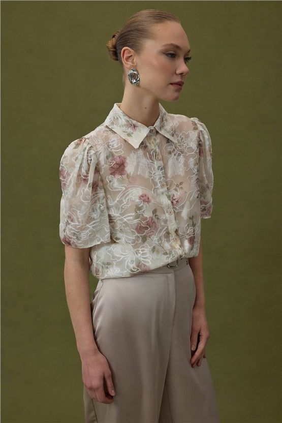 Sateen Y26 2121-2189 Nakışlı Kısa Kollu Gömlek Pudra