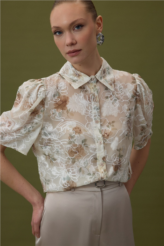 Sateen Y26 2121-2189 Nakışlı Kısa Kollu Gömlek Vizon