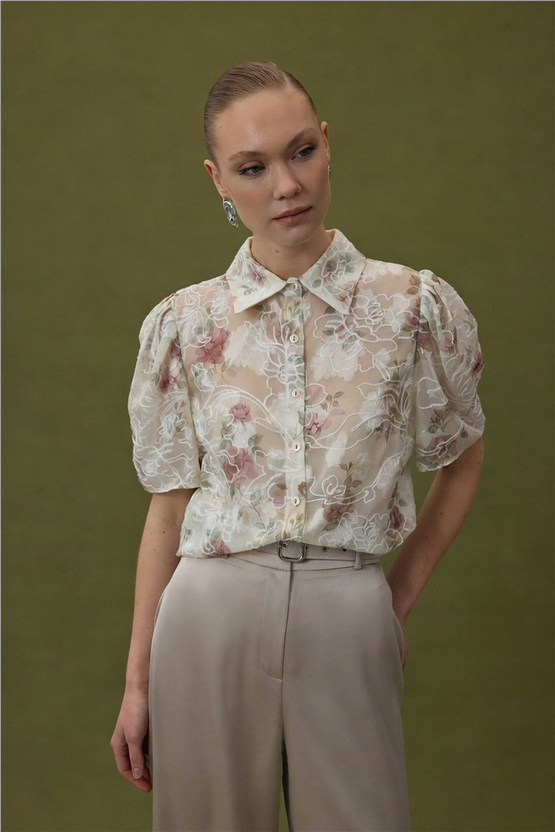 Sateen Y26 2121-2189 Nakışlı Kısa Kollu Gömlek Pudra