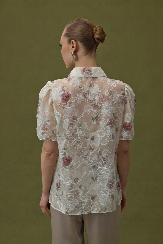 Sateen Y26 2121-2189 Nakışlı Kısa Kollu Gömlek Pudra