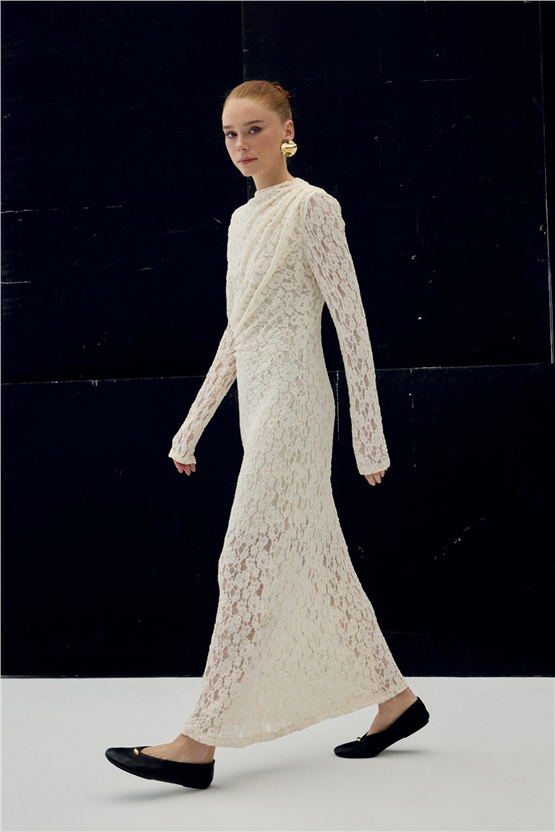 Sateen Y26 2124-3086 Dantel Elbise Bej Kadın