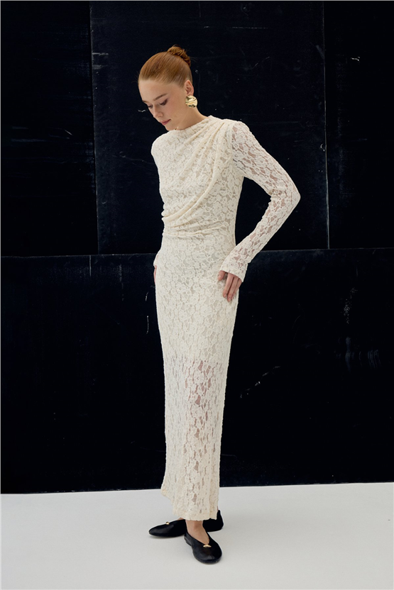 Sateen Y26 2124-3086 Dantel Elbise Bej Kadın