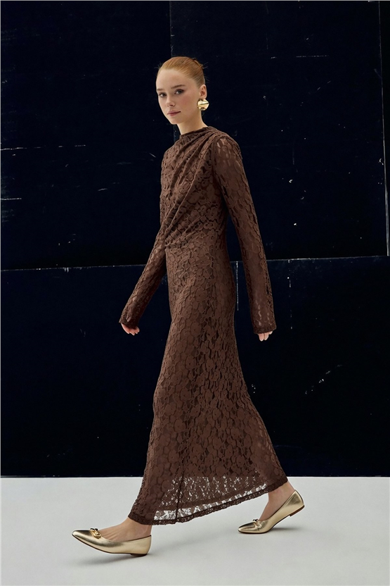 Sateen Y26 2124-3086 Dantel Elbise Kahverengi Kadın