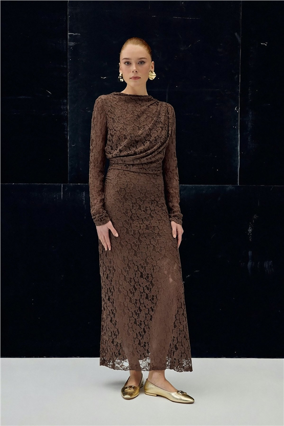 Sateen Y26 2124-3086 Dantel Elbise Kahverengi Kadın