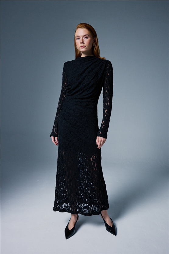 Sateen Y26 2124-3086 Dantel Elbise Siyah Kadın