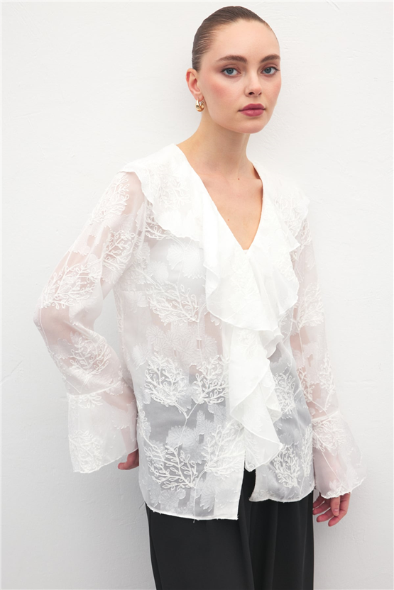 Sateen Y26 2142-2196 Fırfır Detaylı Nakışlı Gömlek Ekru
