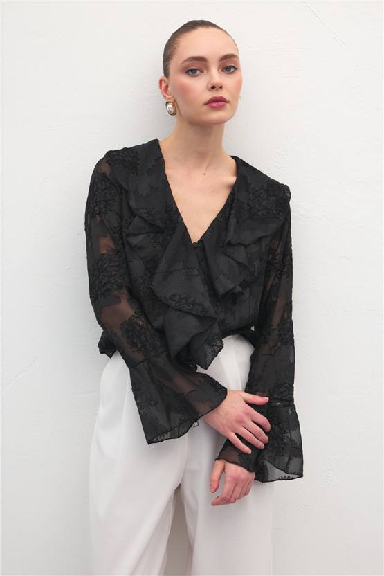 Sateen Y26 2142-2196 Fırfır Detaylı Nakışlı Gömlek Siyah