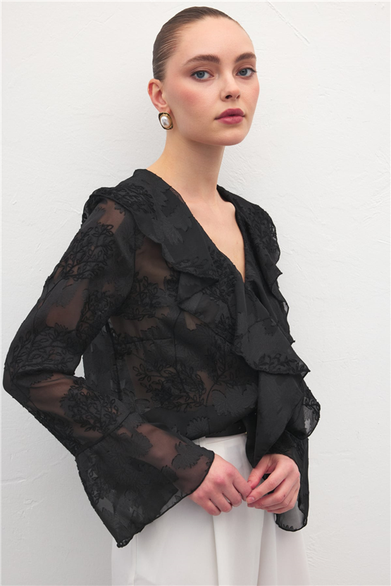 Sateen Y26 2142-2196 Fırfır Detaylı Nakışlı Gömlek Siyah