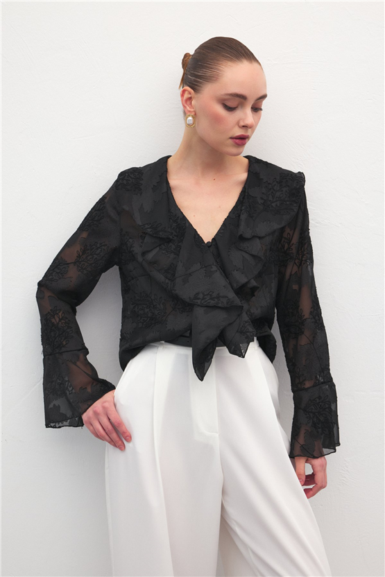 Sateen Y26 2142-2196 Fırfır Detaylı Nakışlı Gömlek Siyah