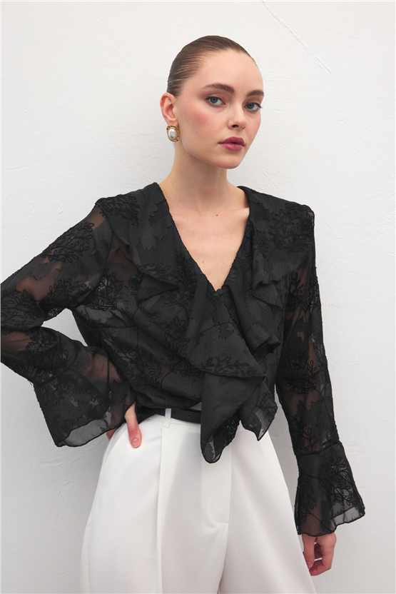 Sateen Y26 2142-2196 Fırfır Detaylı Nakışlı Gömlek Siyah