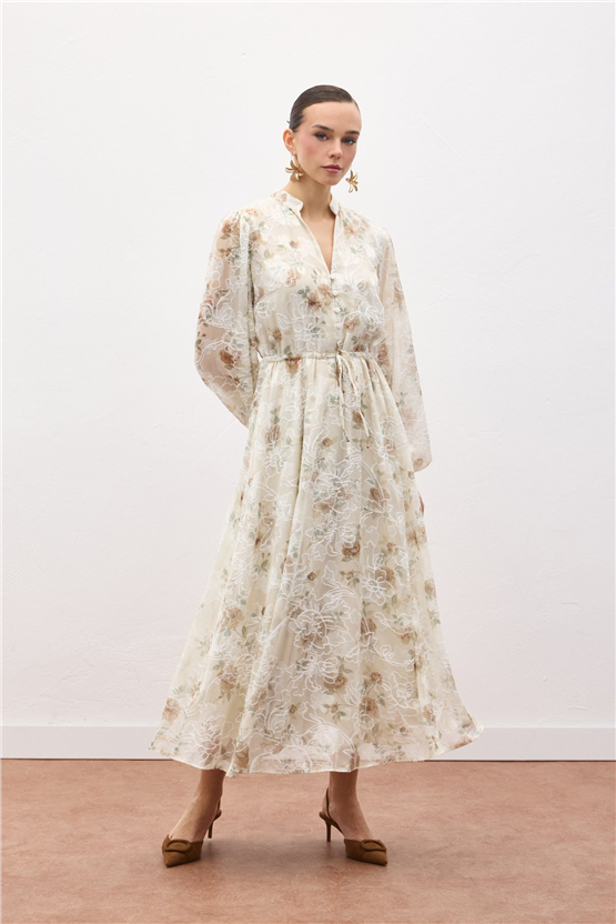 Sateen Y26 2143-3090 Nakışlı Desenli Uzun Elbise Vizon