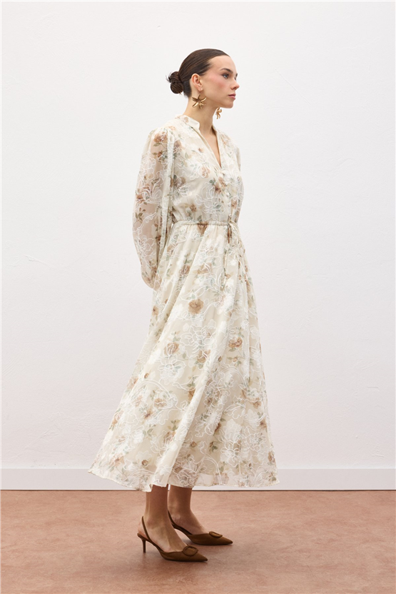 Sateen Y26 2143-3090 Nakışlı Desenli Uzun Elbise Vizon