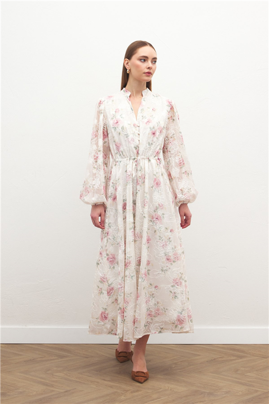 Sateen Y26 2143-3090 Nakışlı Desenli Uzun Elbise Pudra