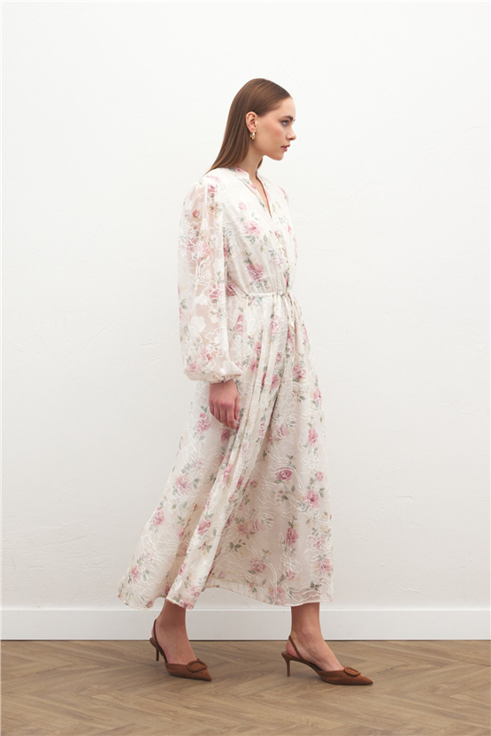 Sateen Y26 2143-3090 Nakışlı Desenli Uzun Elbise Pudra
