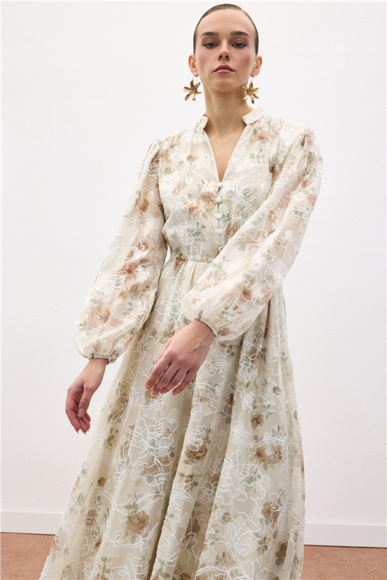 Sateen Y26 2143-3090 Nakışlı Desenli Uzun Elbise Vizon