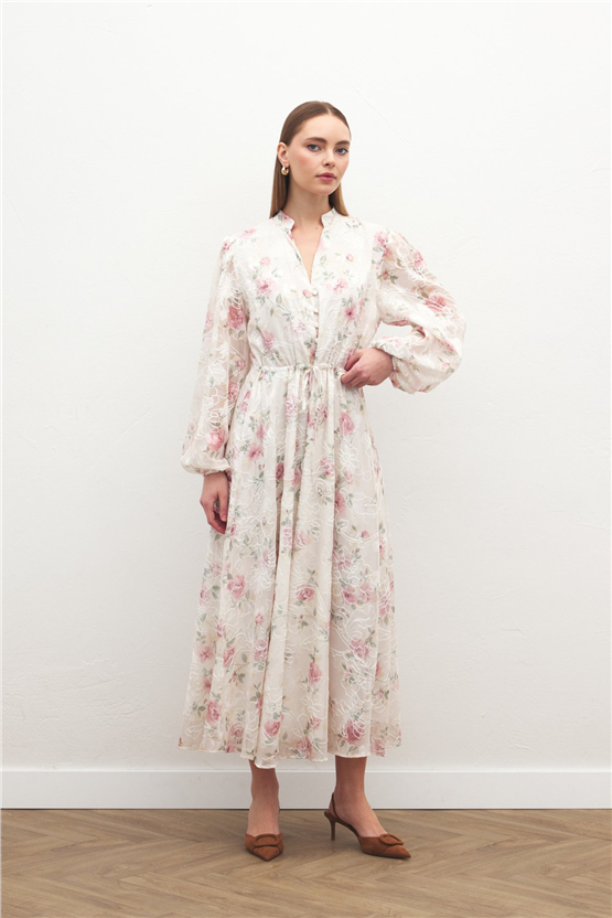 Sateen Y26 2143-3090 Nakışlı Desenli Uzun Elbise Pudra