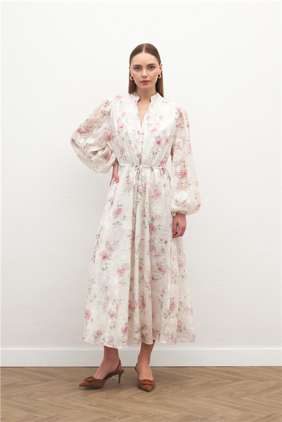 Sateen Y26 2143-3090 Nakışlı Desenli Uzun Elbise Pudra