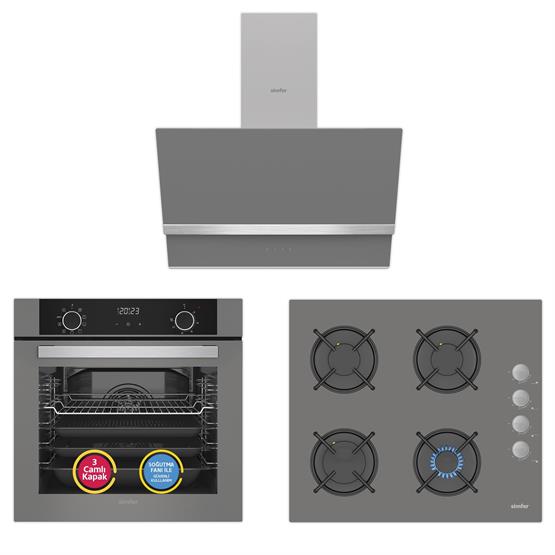 Simfer 10 Fonksiyon Airfry Gri 3lü Ankastre Set (8217 Fırın + 3538 Ocak + 8740 Davlumbaz)