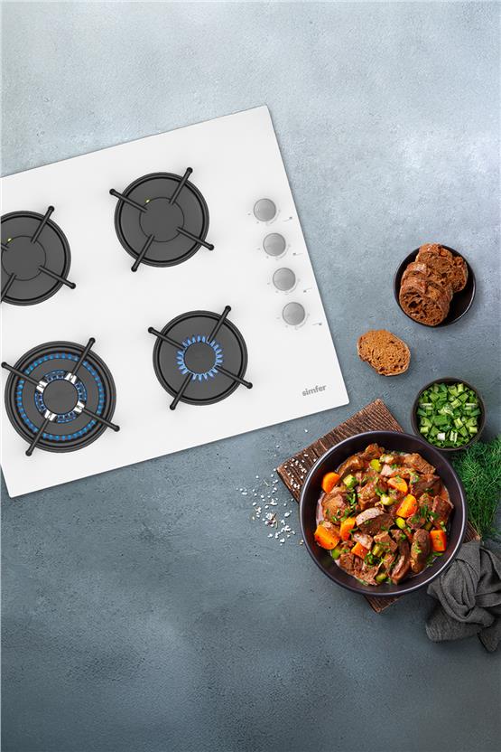 Simfer 3509 60Cm Ankastre Beyaz Cam Ocak 3 Gözlü +1 Wok Emaye Izgara