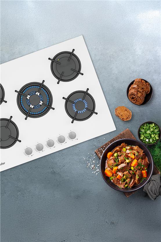 Simfer 3751-N 70Cm Ankastre Beyaz Cam Ocak 4 Gözlü +1 Wok Emaye Izgara