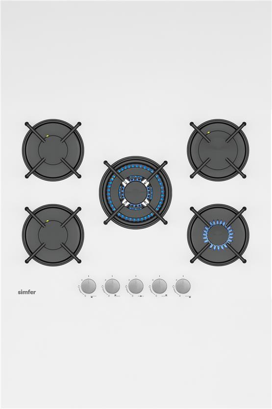Simfer 3751-N 70Cm Ankastre Beyaz Cam Ocak 4 Gözlü +1 Wok Emaye Izgara