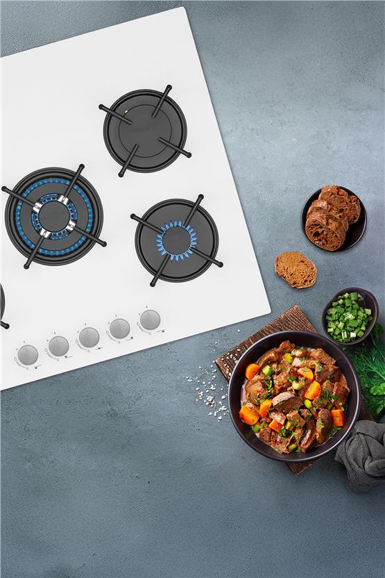 Simfer 3751-N 70Cm Ankastre Beyaz Cam Ocak 4 Gözlü +1 Wok Emaye Izgara