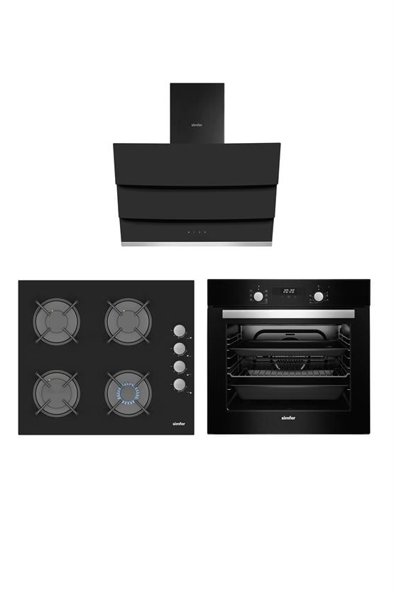 Simfer 8 Fonksiyon Siyah Multi Turbo Dijital 3lü Ankastre Set (7327 Fırın + 3500 Ocak + 8678  Davlumbaz)