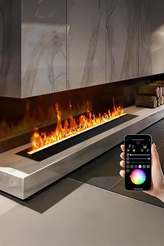 Tektes Elektrikli Şömine  100 Cm 3D Su Buharlı  7 Renkli, Alev Sesli, Wifili