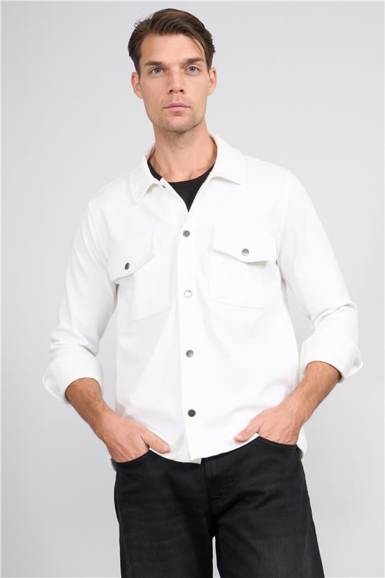 Troy Beyaz Erkek Metrıx Cep Cıtcıtlı Gömlek Sweatshirt