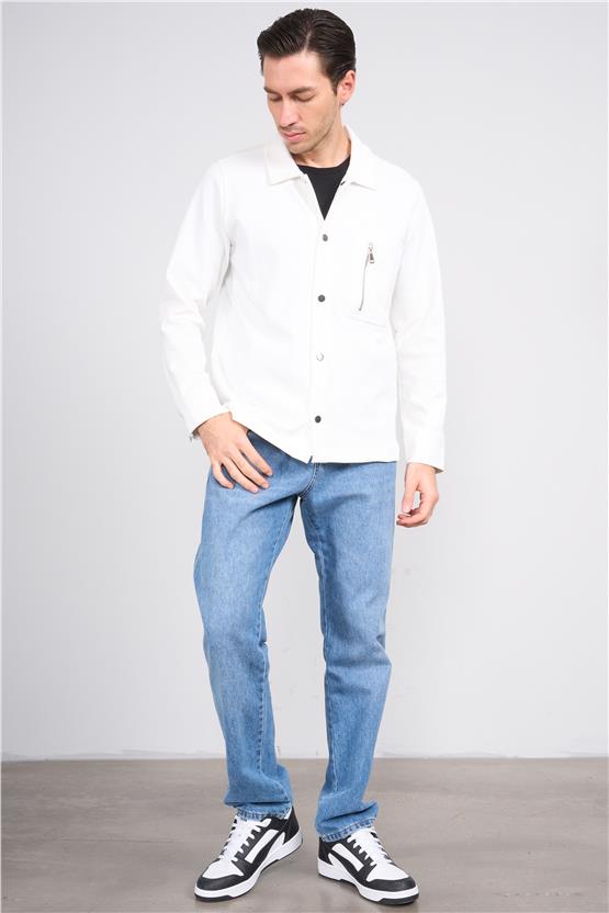 Troy Beyaz Erkek Metrıx Cep Fermuarlı Gömlek Sweatshirt