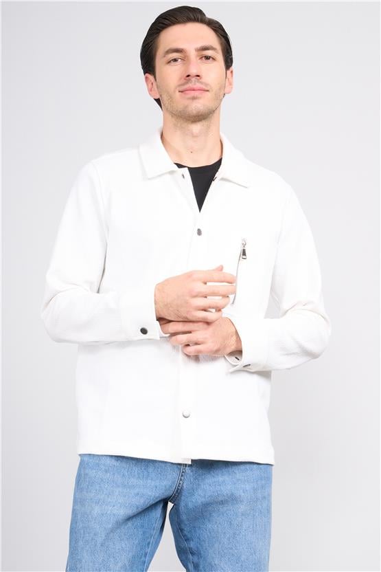 Troy Beyaz Erkek Metrıx Cep Fermuarlı Gömlek Sweatshirt