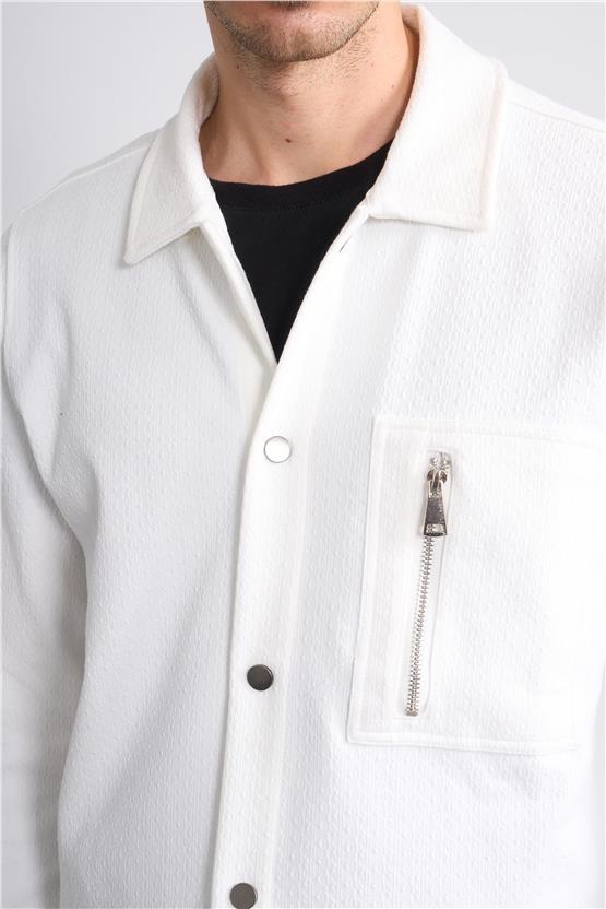 Troy Beyaz Erkek Metrıx Cep Fermuarlı Gömlek Sweatshirt