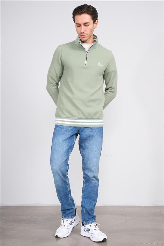 Troy Çağla Erkek Çıtır Fermuarlı Çizgili Dik Yak. Sweatshirt