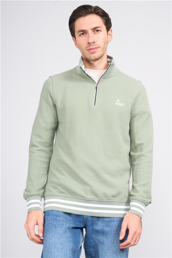 Troy Çağla Erkek Çıtır Fermuarlı Çizgili Dik Yak. Sweatshirt