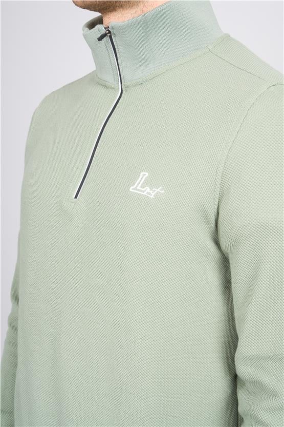 Troy Çağla Erkek Çıtır Fermuarlı Çizgili Dik Yak. Sweatshirt