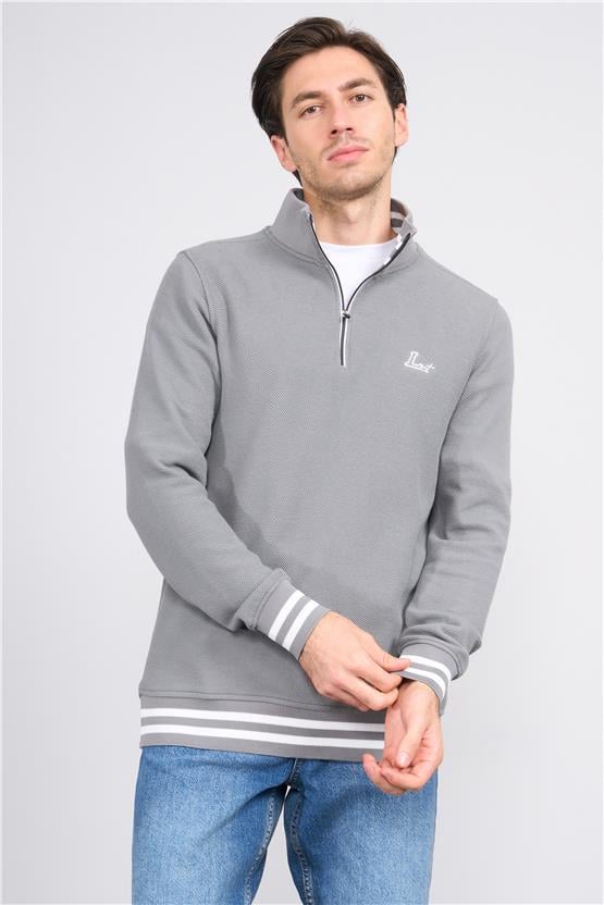 Troy Füme Erkek Çıtır Fermuarlı Çizgili Dik Yak. Sweatshirt