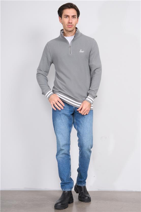 Troy Füme Erkek Çıtır Fermuarlı Çizgili Dik Yak. Sweatshirt