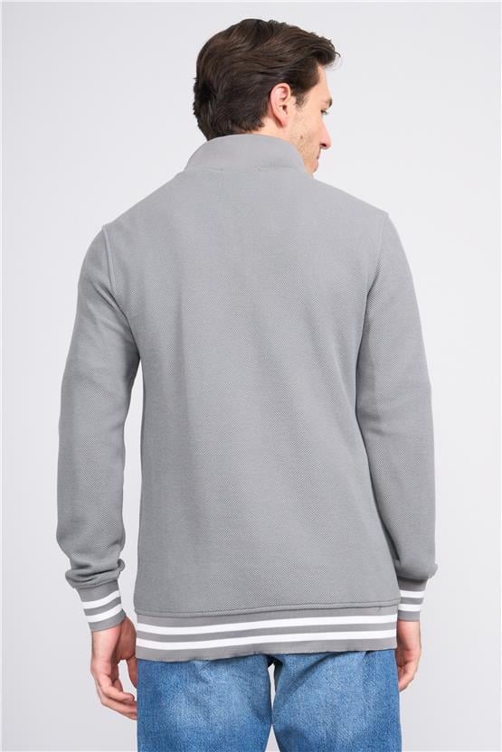 Troy Füme Erkek Çıtır Fermuarlı Çizgili Dik Yak. Sweatshirt