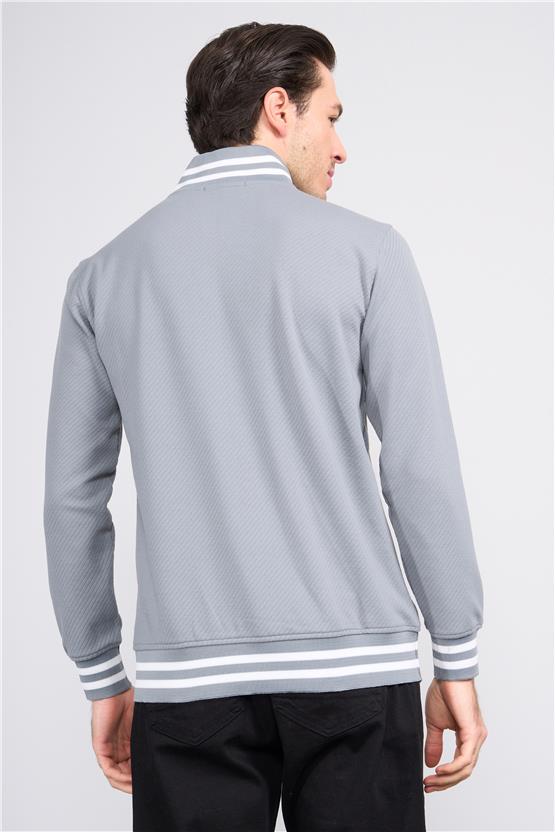 Troy Füme Erkek Diagonel Çizgili Dik Yaka Sweatshirt