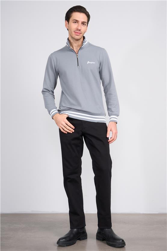 Troy Füme Erkek Diagonel Çizgili Dik Yaka Sweatshirt