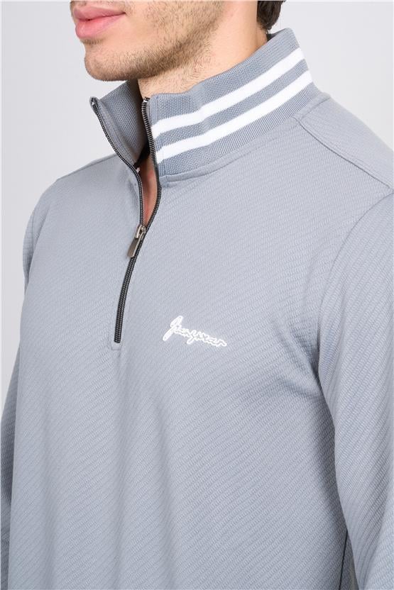 Troy Füme Erkek Diagonel Çizgili Dik Yaka Sweatshirt