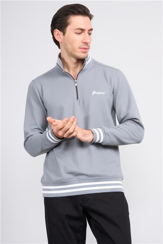 Troy Füme Erkek Diagonel Çizgili Dik Yaka Sweatshirt