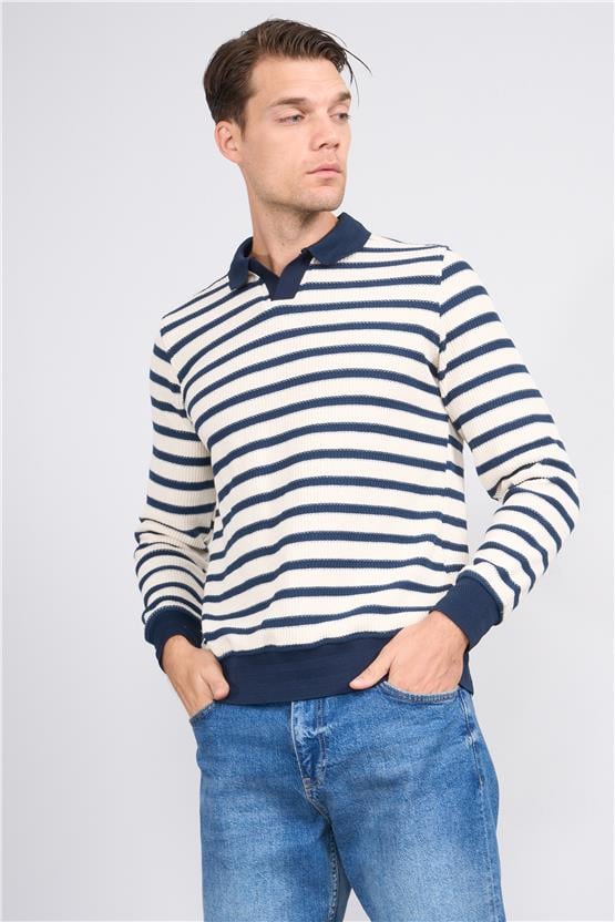 Troy Indıgo Erkek Waffle Çizgili V Pat Sweatshirt