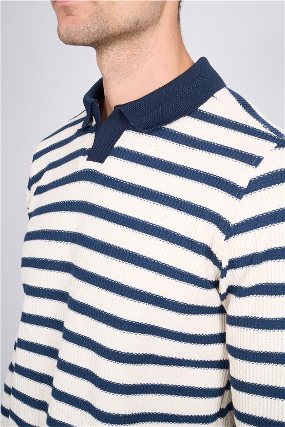 Troy Indıgo Erkek Waffle Çizgili V Pat Sweatshirt