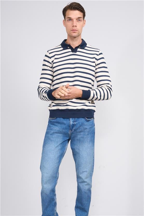 Troy Indıgo Erkek Waffle Çizgili V Pat Sweatshirt