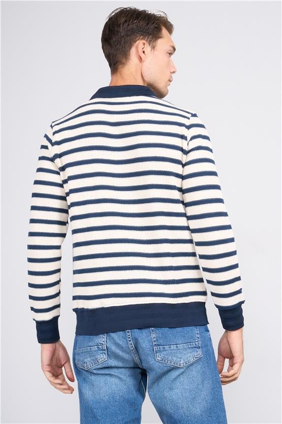 Troy Indıgo Erkek Waffle Çizgili V Pat Sweatshirt